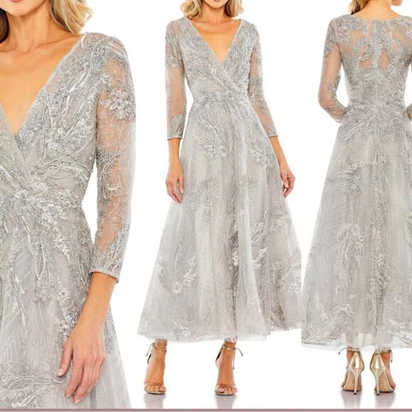 MAC DUGGAL 20336 Embellished Wrap A-line Over 3/4 Sleeve NWT Platinum 10 $698 - Picture 2 of 11